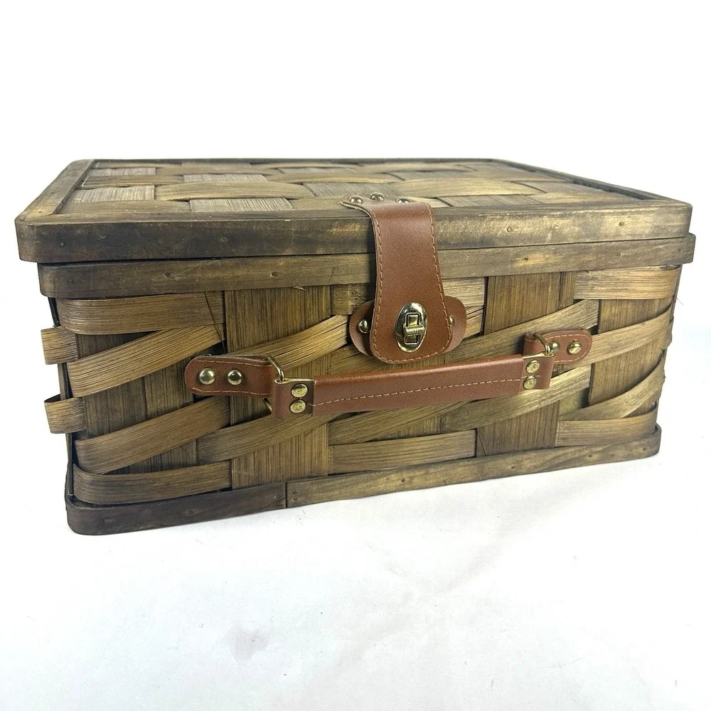 Vintage Woven Wood Picnic Basket Plaid Lined Folding Handle Storage Basket